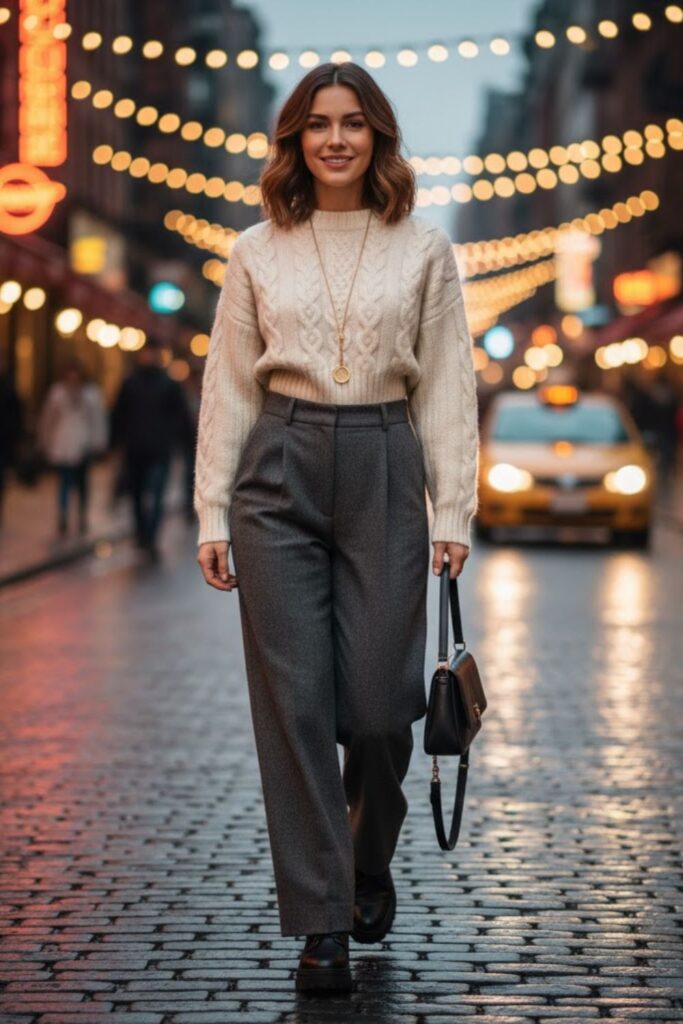 Cable-Knit Sweater with Wide-Leg Pants