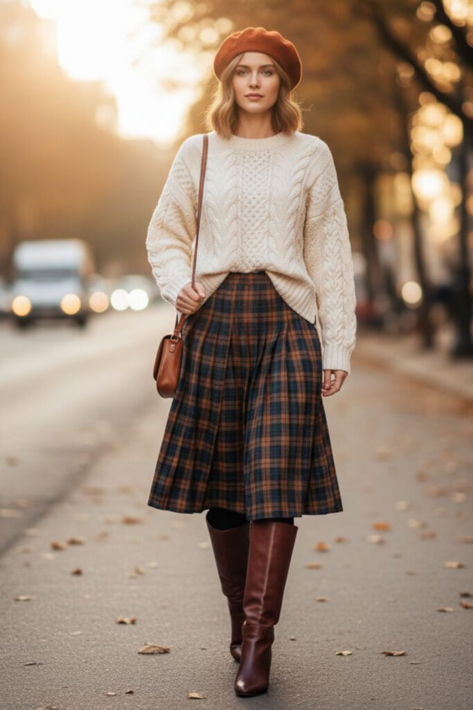 Chunky Knit Sweater with Pleated Skirt