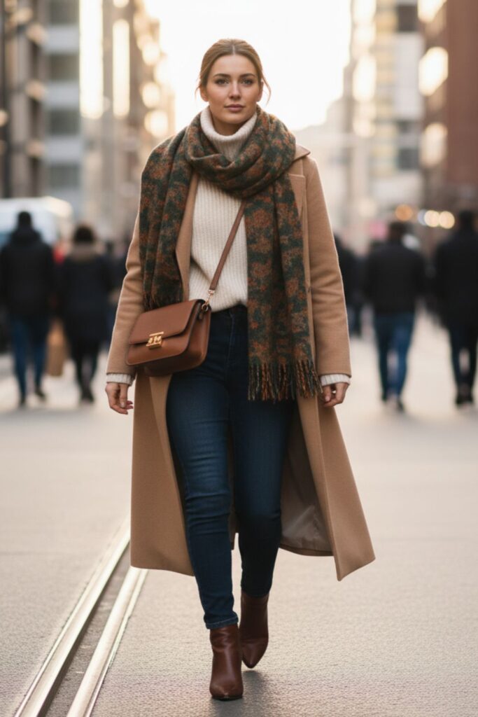 Classic Wool Coat with Turtleneck and Jeans