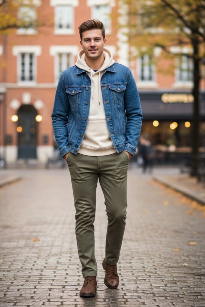 Denim Jacket with Hoodie and Chinos