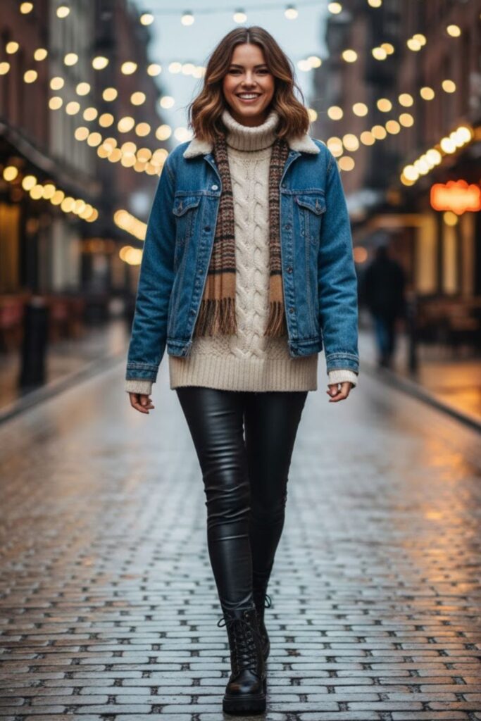 Denim Jacket with Layered Sweaters
