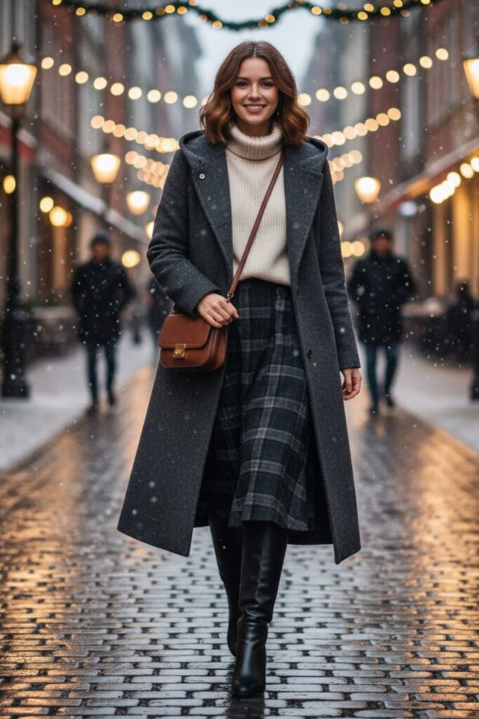 Hooded Coat with Midi Skirt and Boots