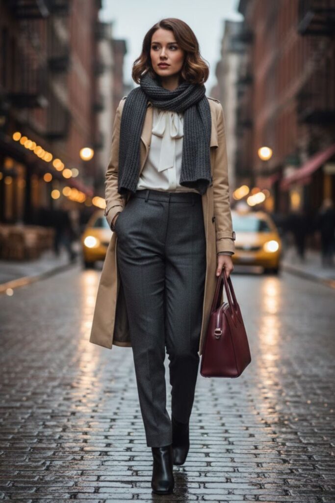 Long Trench Coat with Trousers and Blouse