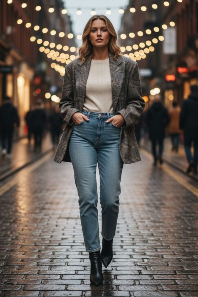 Oversized Blazer with Knit Top and Jeans