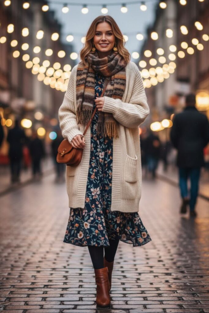 Oversized Cardigan with Midi Dress