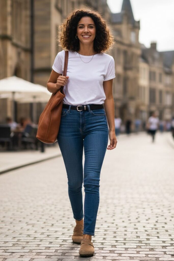Pair your Birkenstock clogs with high-waisted jeans, a tucked-in t-shirt, and minimal jewelry