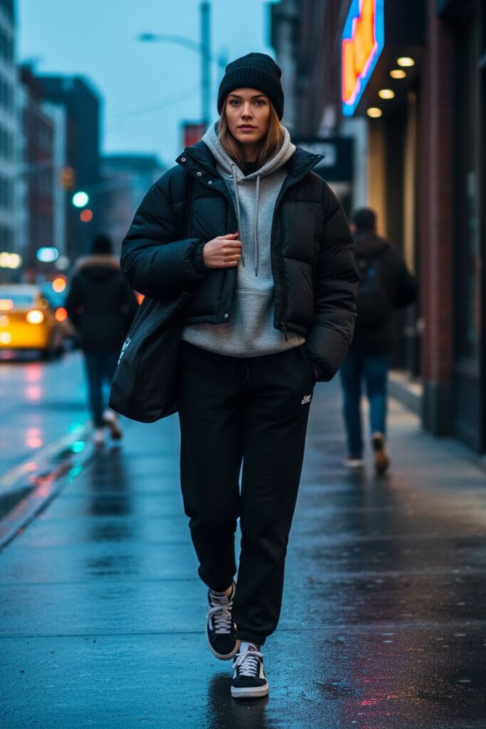 Puffer Jacket with Joggers and Sneakers