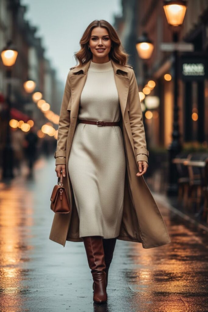 Sweater Dress with Belt and Knee-High Boots