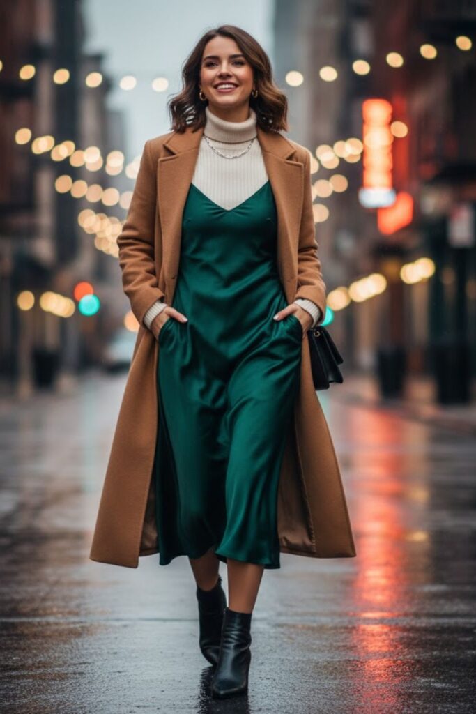 Turtleneck and Slip Dress Layered with Coat