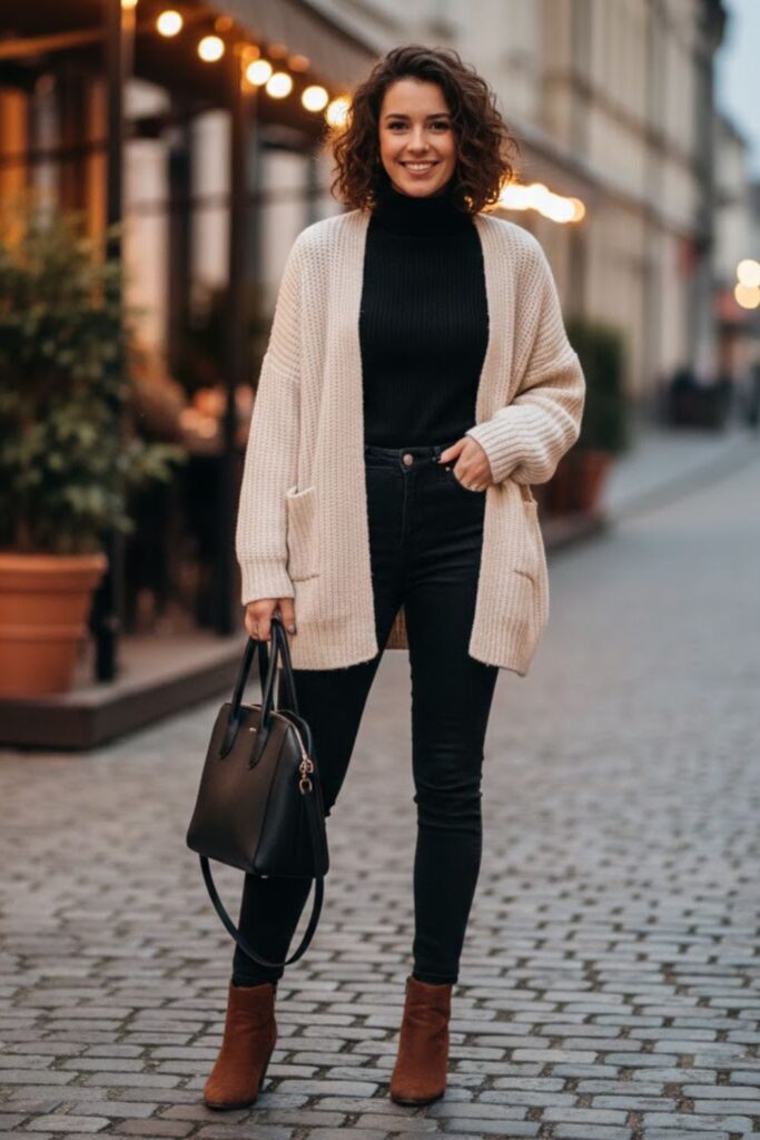 8. Black Jeans with Knit Cardigan and Turtleneck