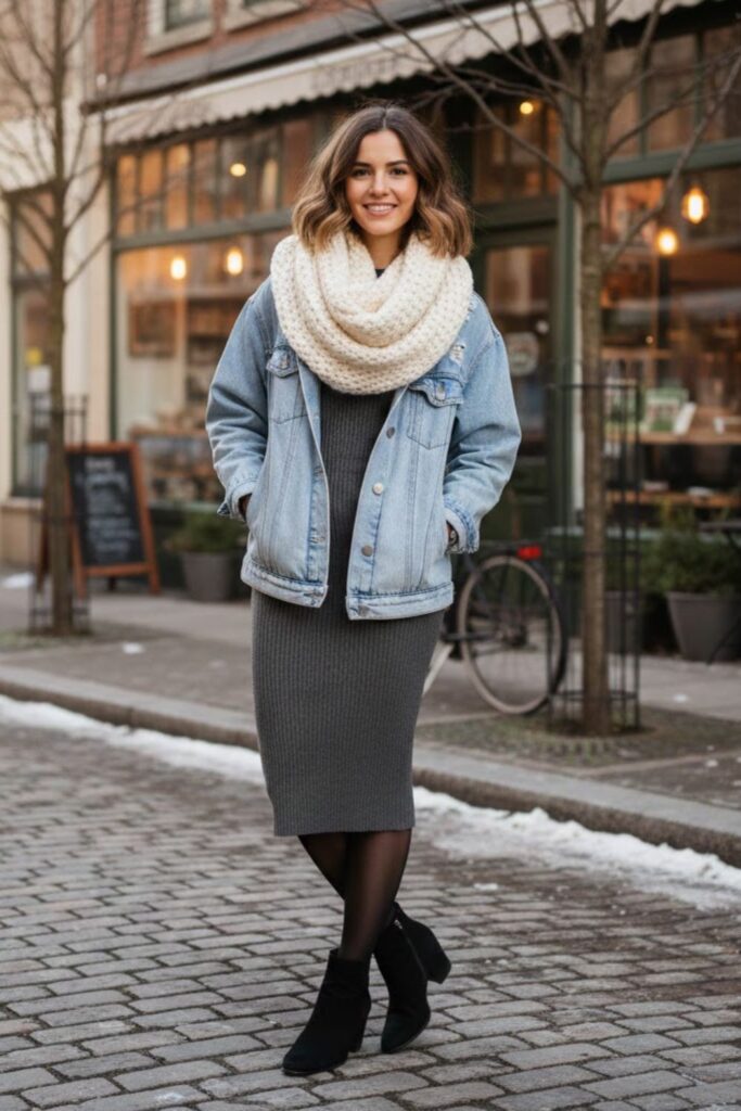 8. Grey Ribbed Dress with Denim Jacket and Scarf
