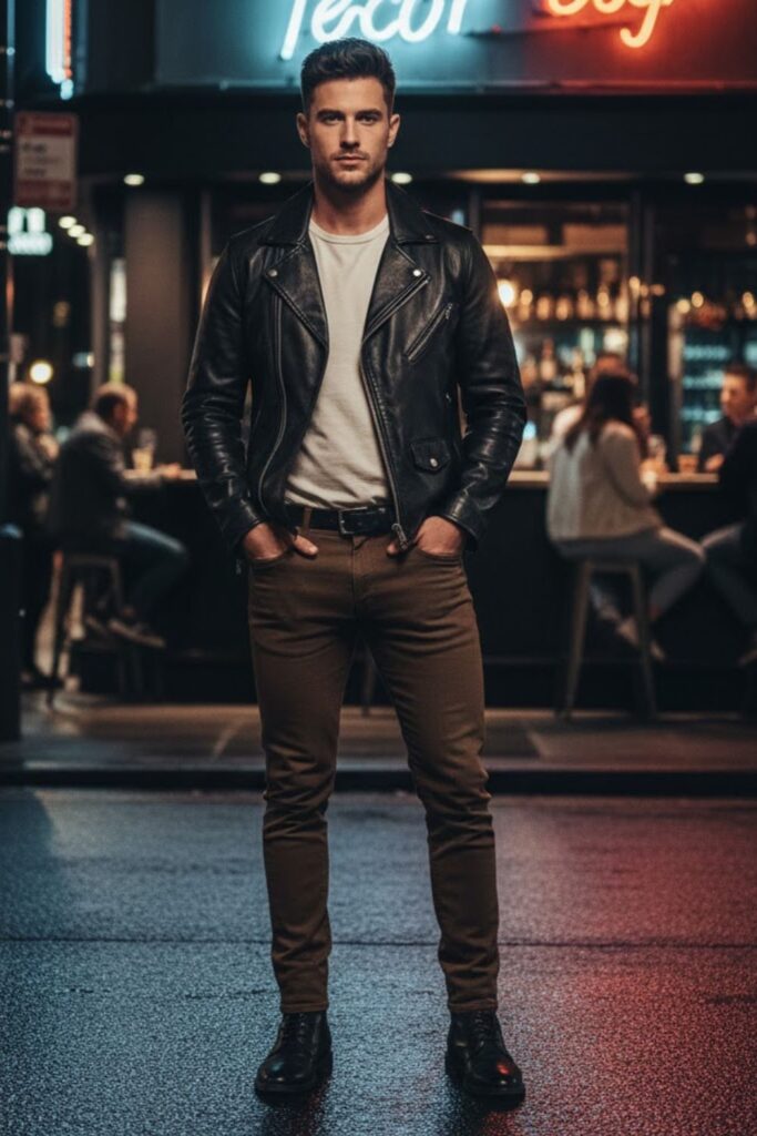 8. Brown Pants with Black Leather Jacket