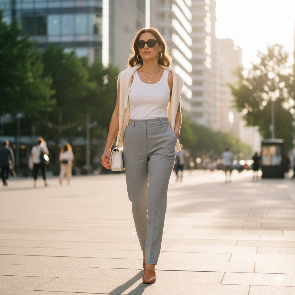 11. Grey Trousers with Leather Jacket
