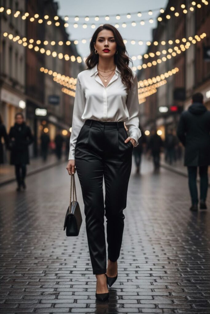 1. Black Satin Trousers with a White Silk Blouse