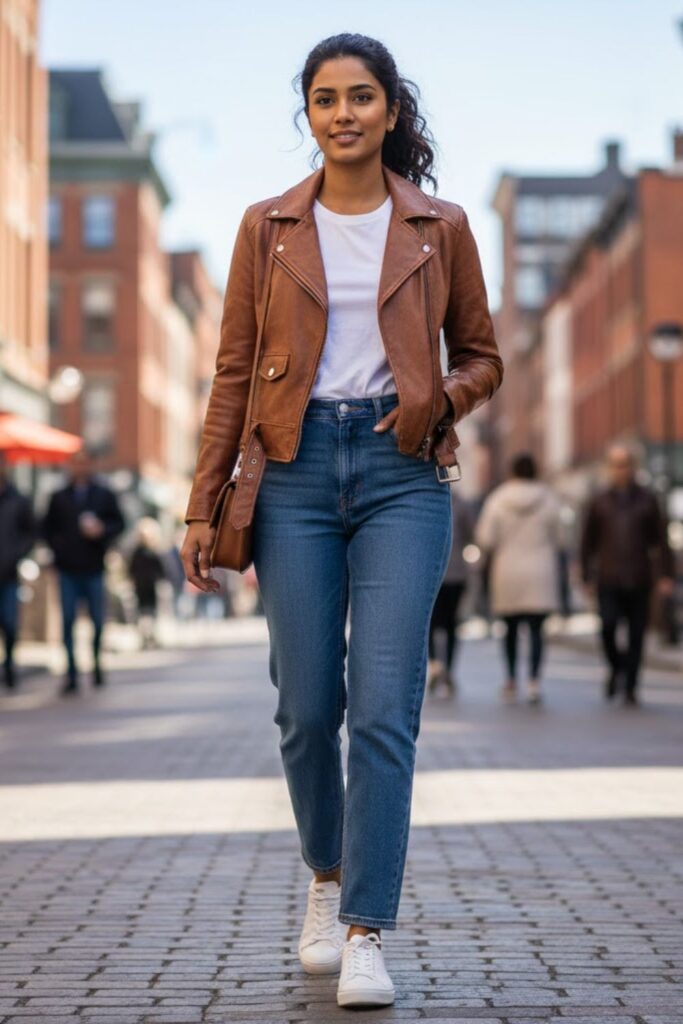 1. Brown Leather Jacket with White Tee and Blue Jeans
