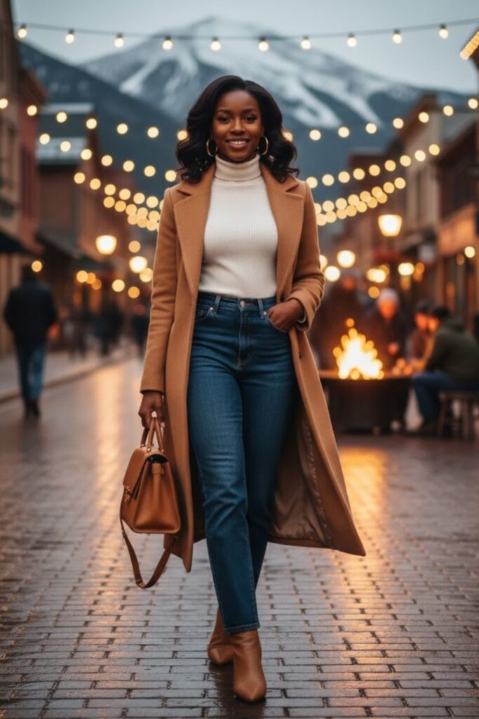 1. Camel Coat with White Turtleneck and High-Waisted Jeans