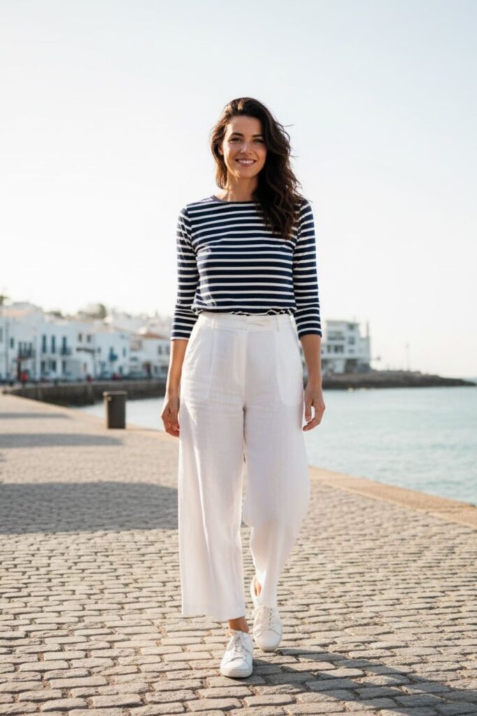 1. Casual White Trousers with a Classic Striped Tee