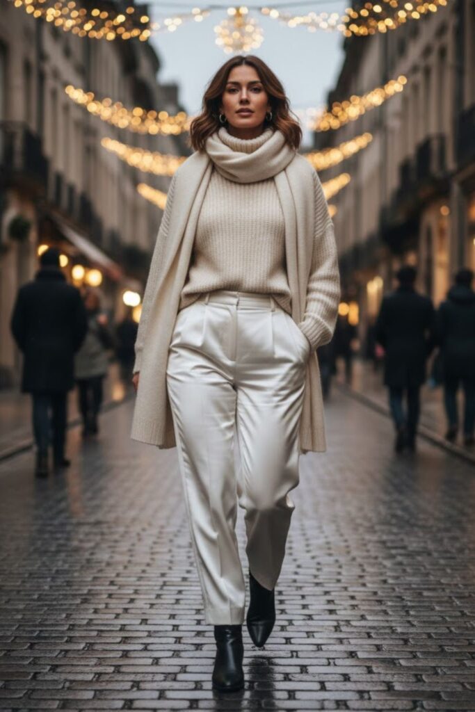 1. Chunky Knit Sweater with White Satin Trousers and Ankle Boots