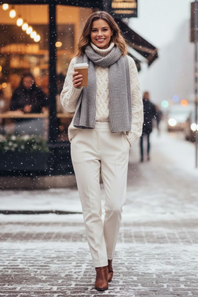 1. Chunky Knit Sweater with White Trousers and Leather Ankle Boots