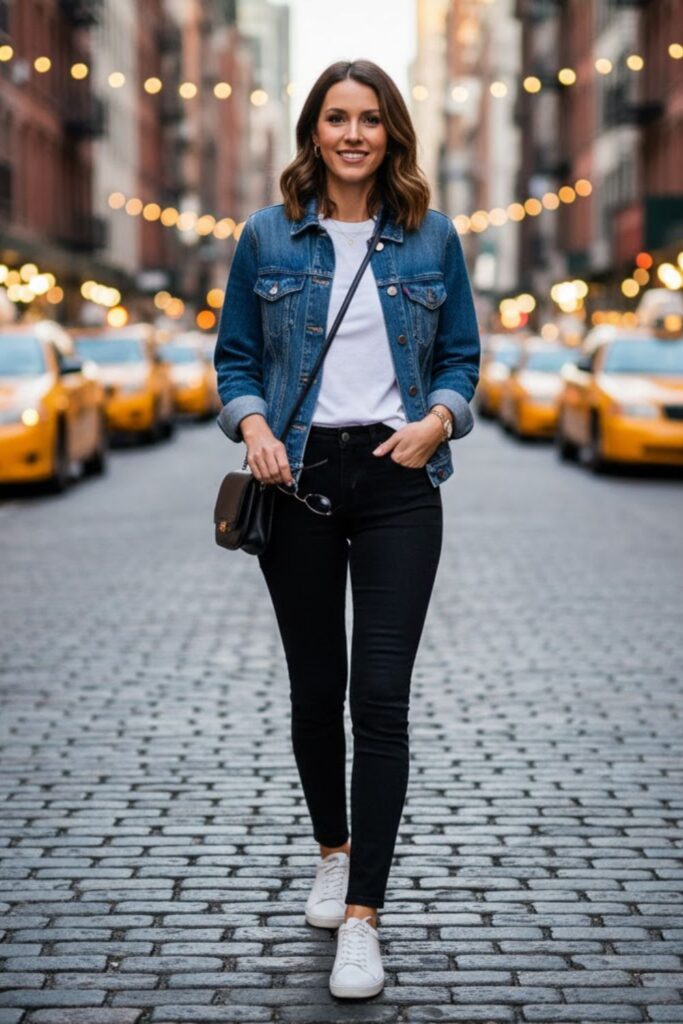 1. Denim Jacket with Black Jeans and White Sneakers