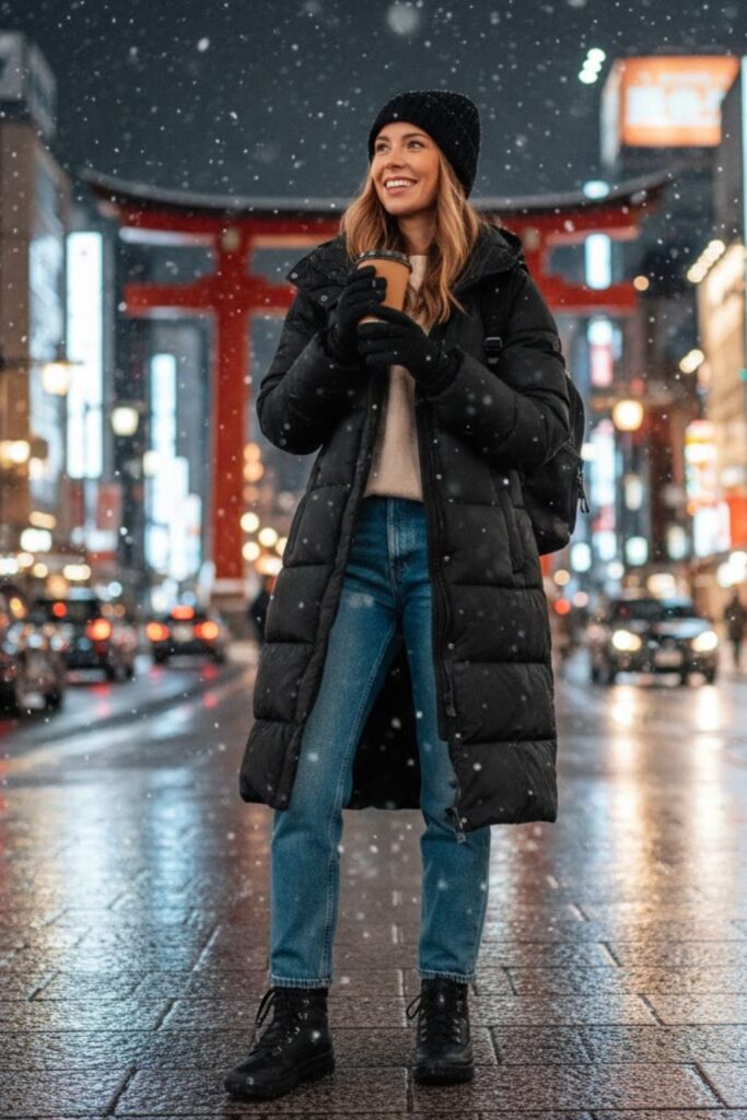 1. Down Coat with Thermal Top and Straight-Leg Jeans