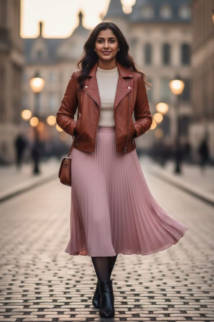 1. Leather Jacket with Pleated Midi Skirt