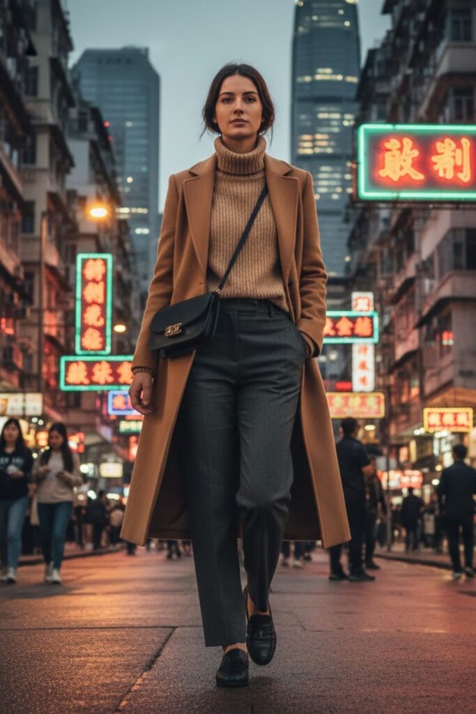 1. Long Coat with Knit Sweater and Straight-Leg Pants