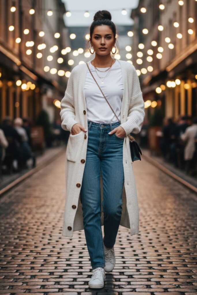 1. Long White Cardigan with High-Waisted Jeans and a Fitted Tee