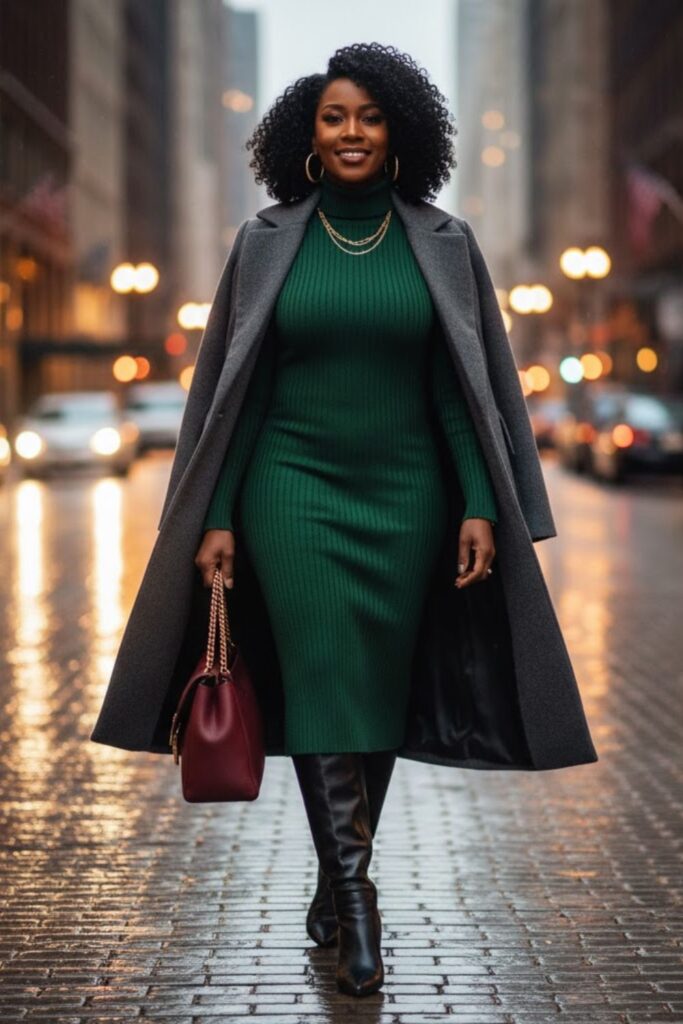 1. Long Wool Coat with Turtleneck Dress and Knee-High Boots