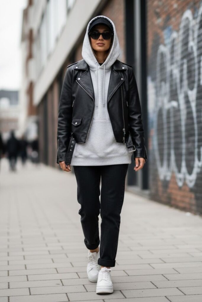 1. Oversized Hoodie with Classic Black Leather Jacket