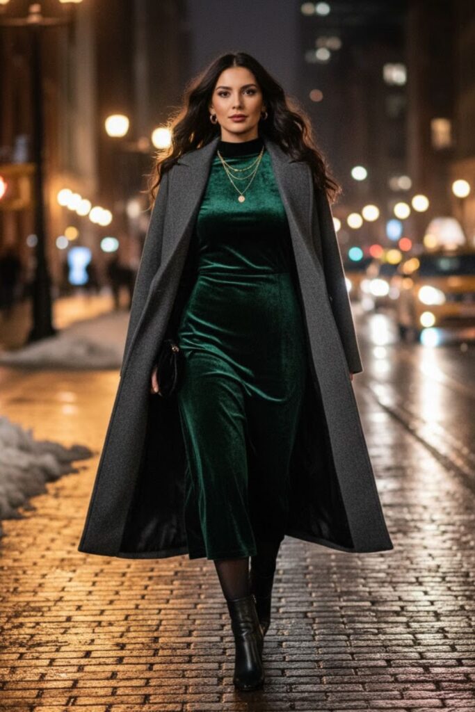 1. Velvet Midi Dress with Wool Coat and Ankle Boots