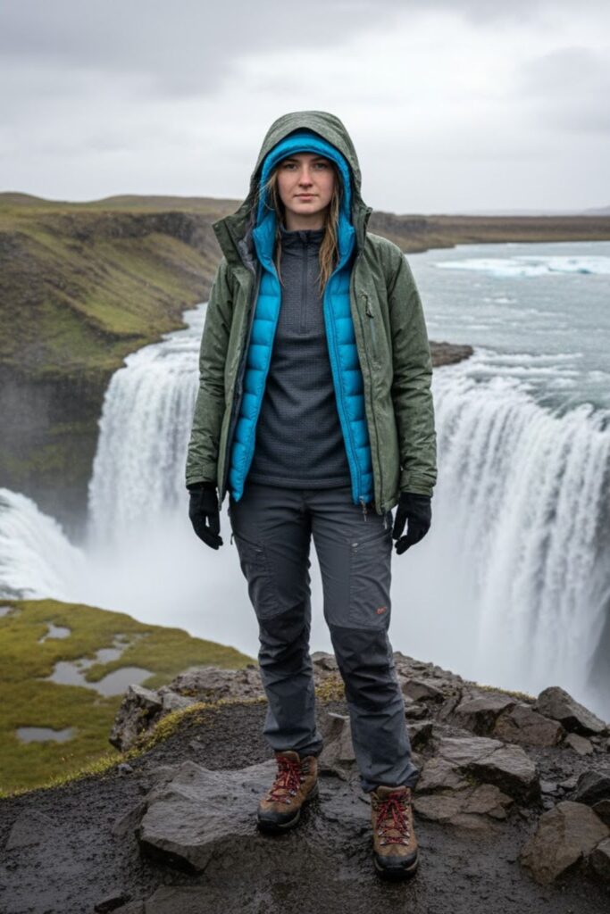1. Waterproof Jacket with Thermal Layers and Hiking Boots