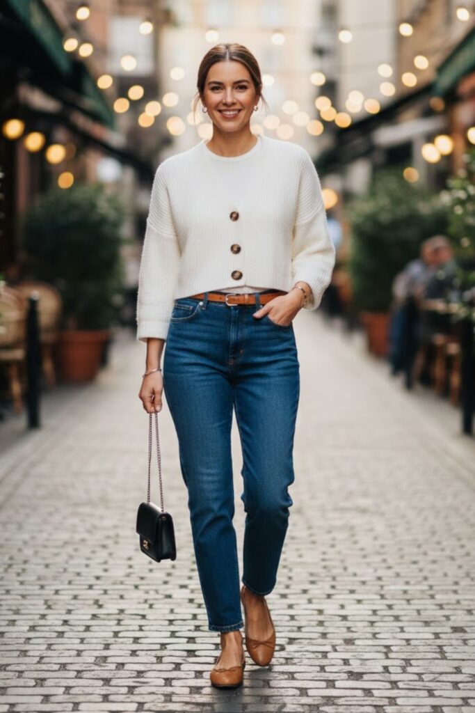 1. White Cropped Cardigan with High-Waisted Straight-Leg Jeans and Ballet Flats