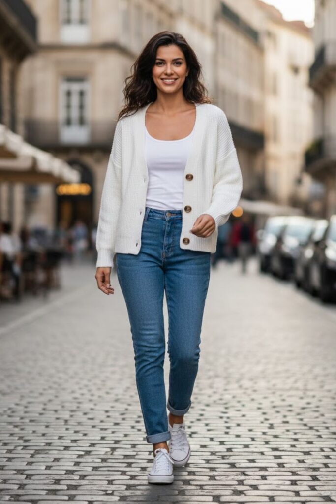 1. White Knitted Cardigan with High-Waisted Blue Jeans