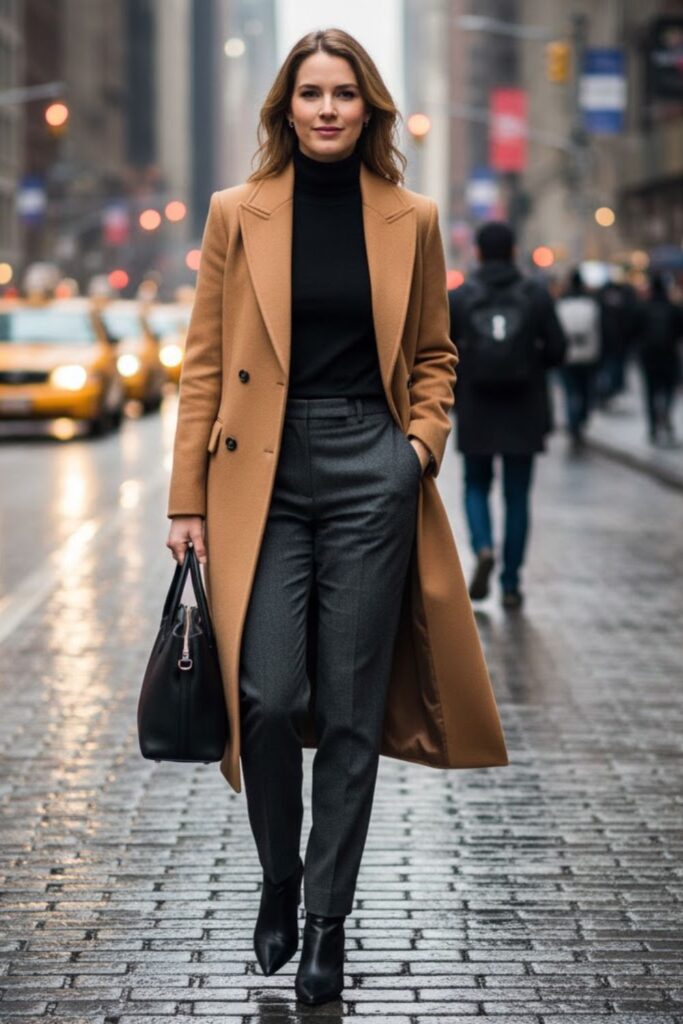 1. Wool Coat with Turtleneck and Slim Trousers