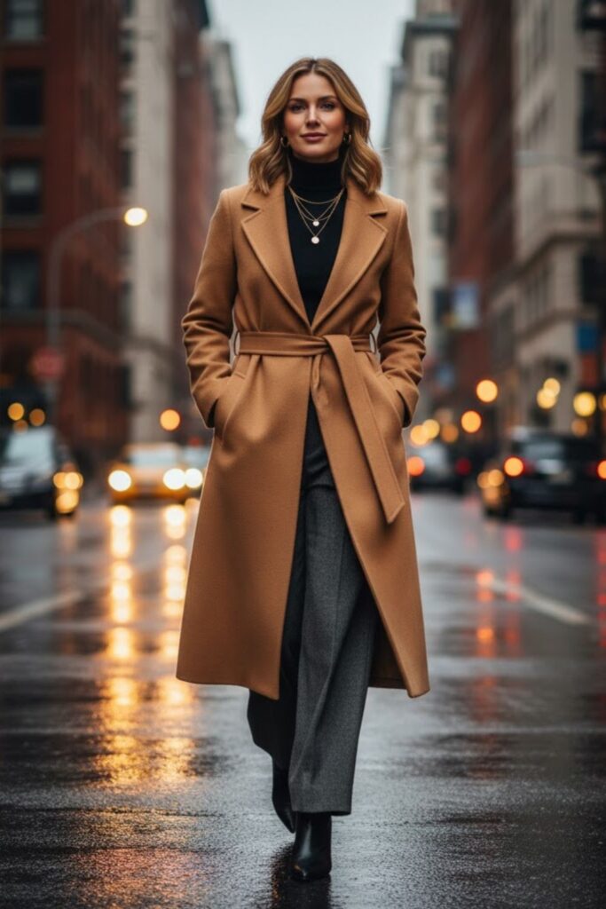 10. Belted Coat with Turtleneck and Wide-Leg Pants