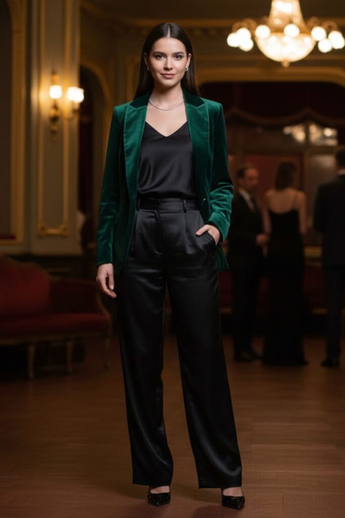 10. Black Satin Trousers with a Velvet Blazer