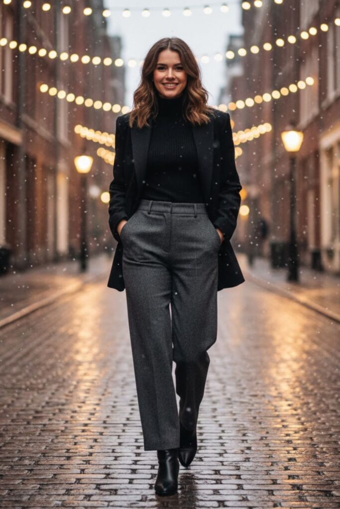 10. Blazer with Turtleneck and Wide-Leg Pants