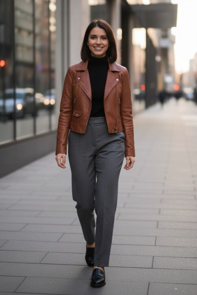 10. Brown Leather Jacket with Turtleneck and Trousers