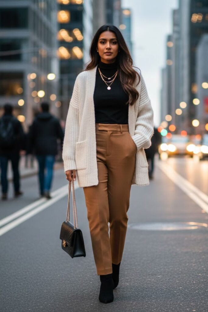 10. Chunky White Cardigan with a Turtleneck and Trousers