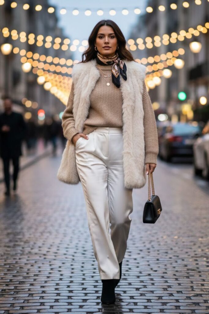 10. Faux Fur Vest, Knit Sweater, and White Satin Trousers