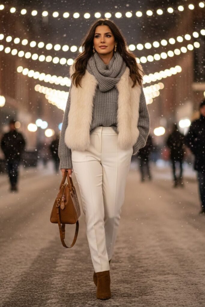 10. Faux Fur Vest with Sweater and White Trousers