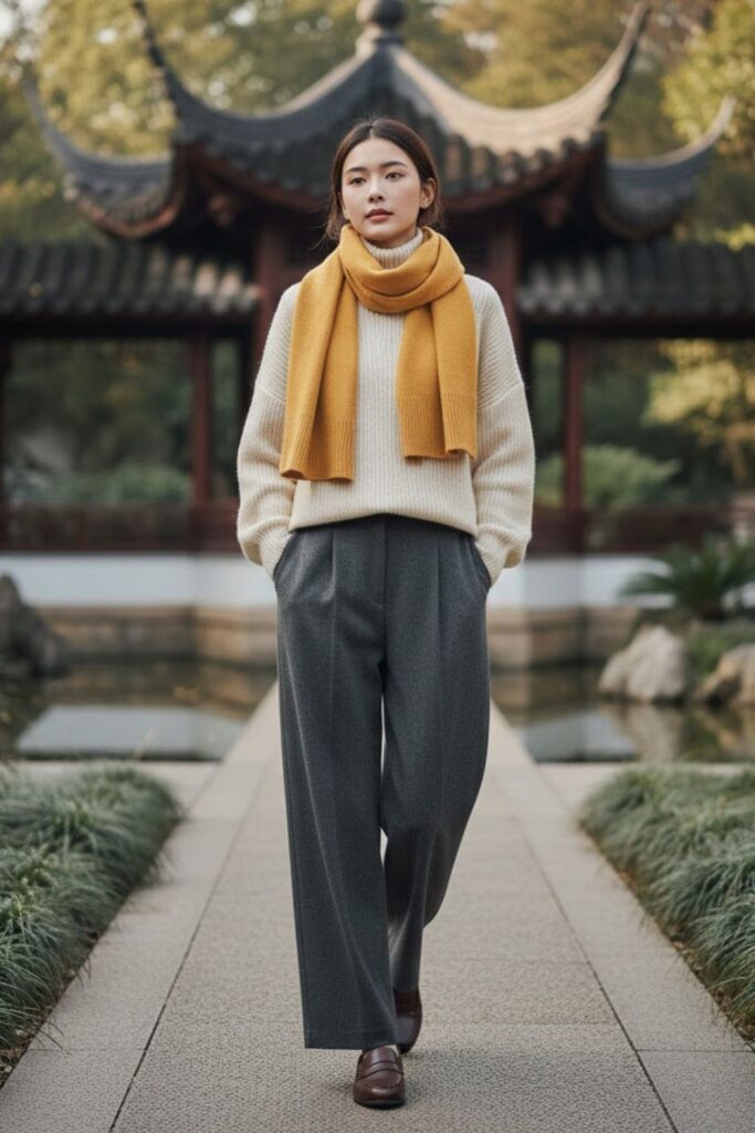 10. Heavy Knit Sweater with Scarf and Pleated Pants