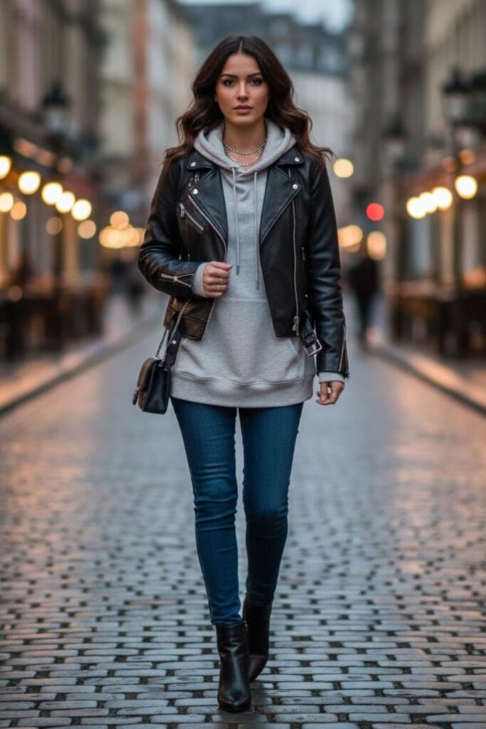 10. Hoodie and Leather Jacket with Skinny Jeans