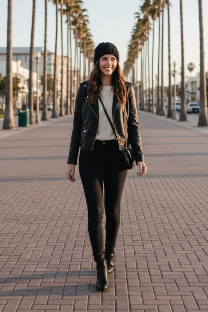 10. Leather Jacket with Thermal Top and Black Jeans