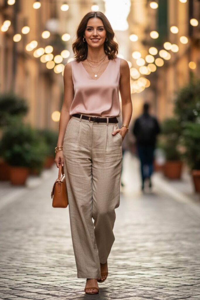 10. Linen Trousers with a Silk Blouse