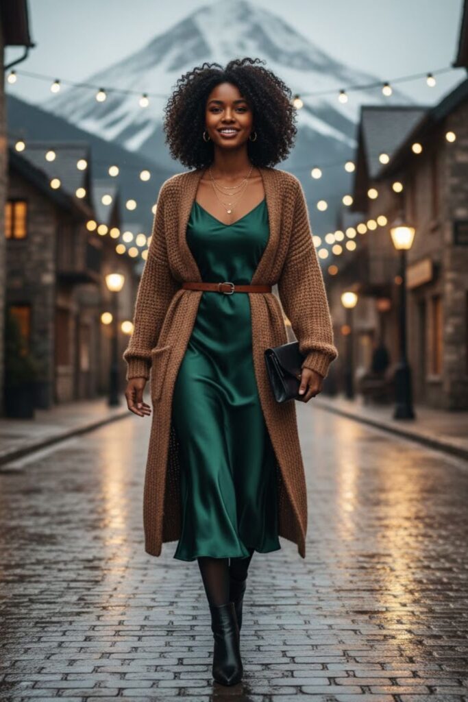 10. Long Cardigan with Slip Dress and Ankle Boots