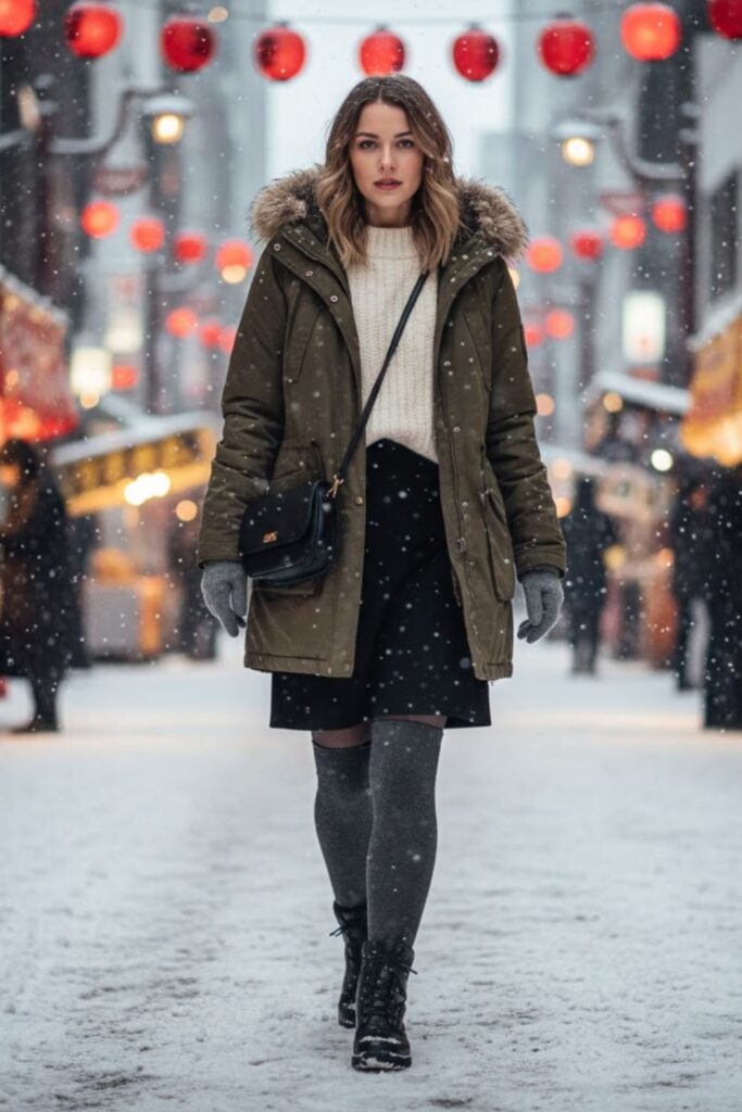 10. Parka Jacket with Knit Top and Straight Skirt