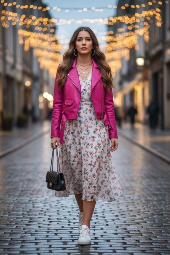 10. Pink Leather Jacket With Floral Dress