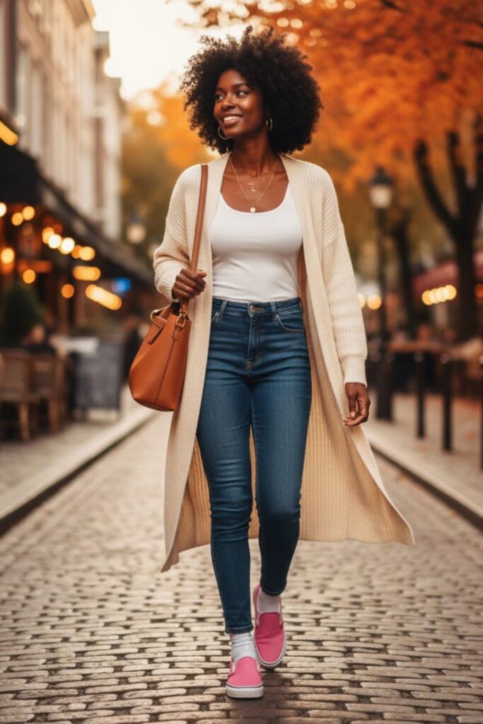 10. Pink Vans with a Longline Cardigan and Skinny Jeans